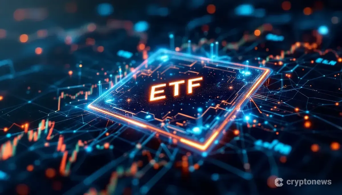 ブロックチェーンネットワークと融合する上場投資信託（ETF）を象徴するデジタルアート