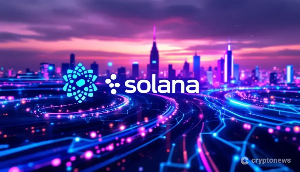 未来的な都市を背景に、データストリームに囲まれて輝くソラナのロゴ