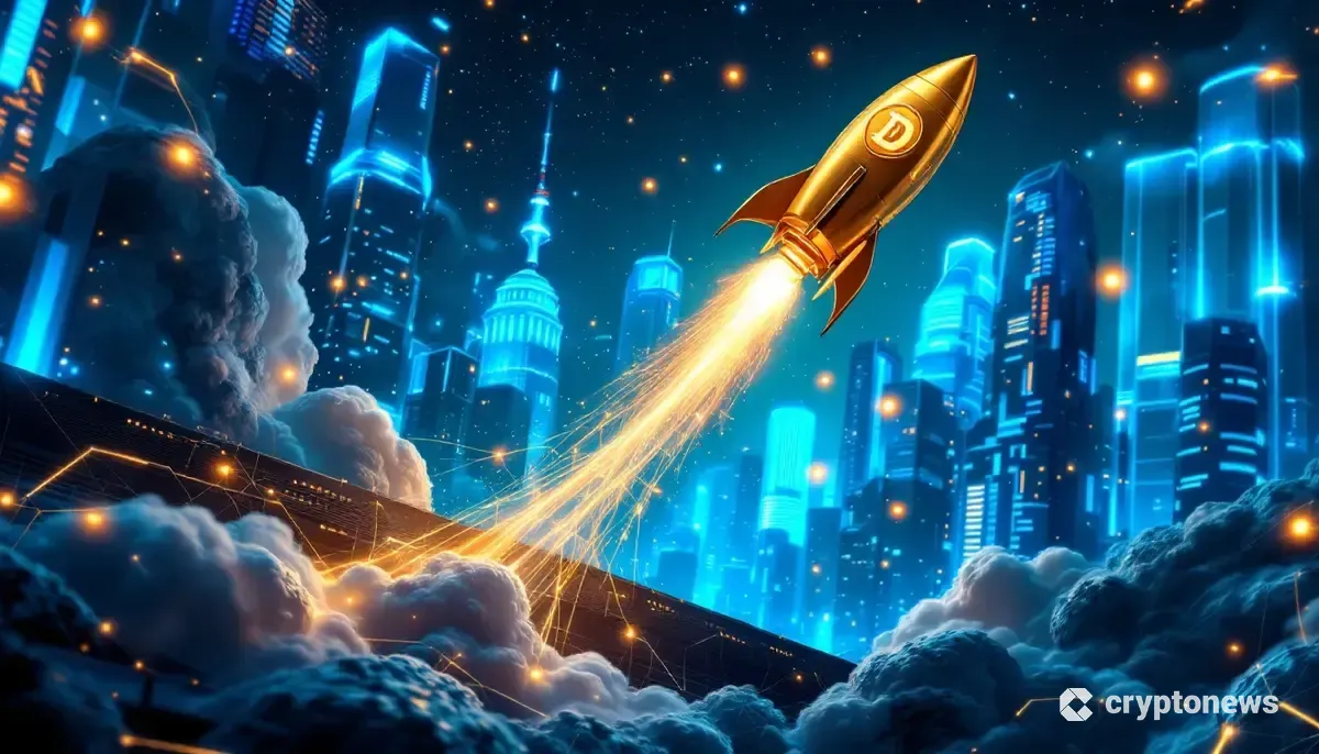 金色のドージコインが未来的な都市に向かって上昇するロケット。価格の急騰と機関投資家の採用を象徴している