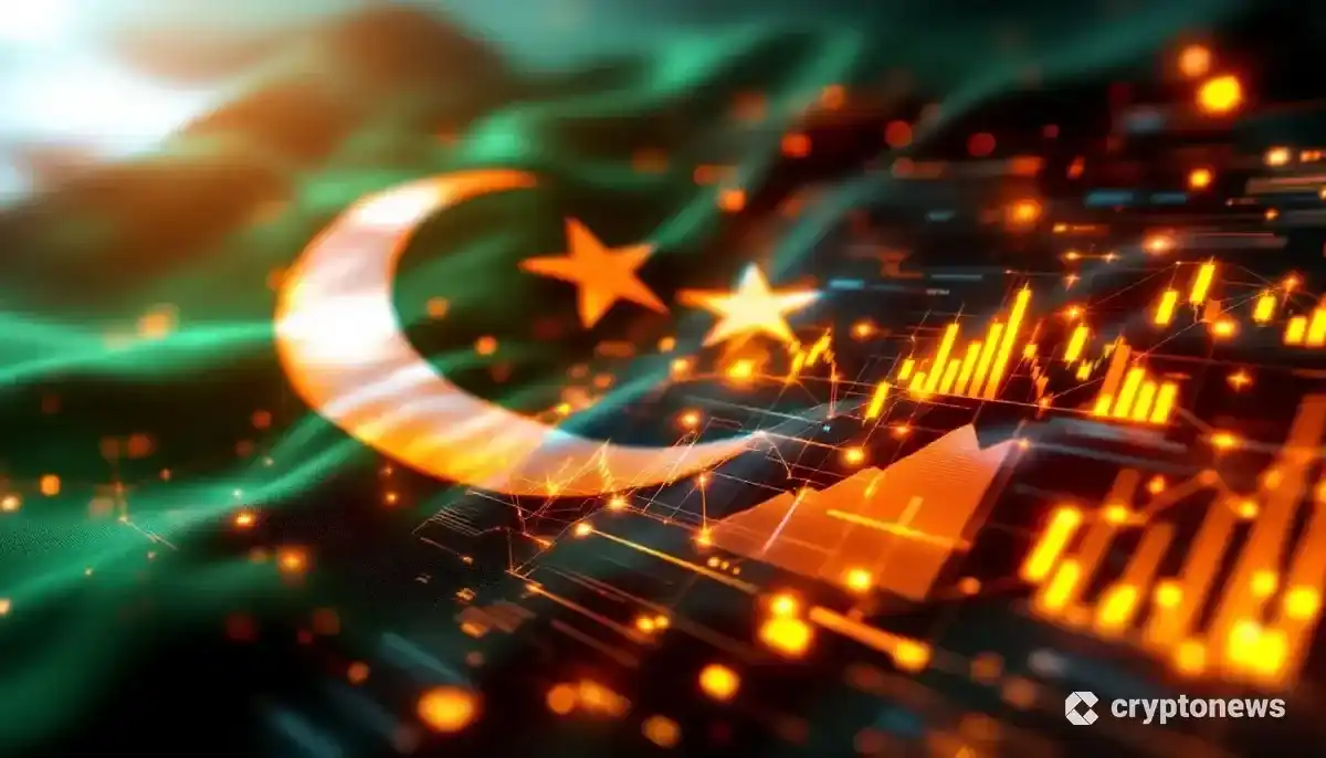 パキスタンの国旗とデジタルネットワークが融合した未来的な仮想通貨規制のイメージ。