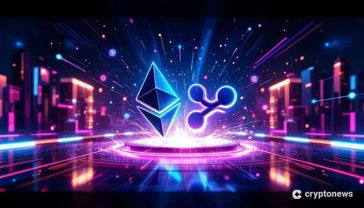 イーサリアムとリップルのロゴが衝突し、光とデータが流れる未来的な仮想通貨のイメージ