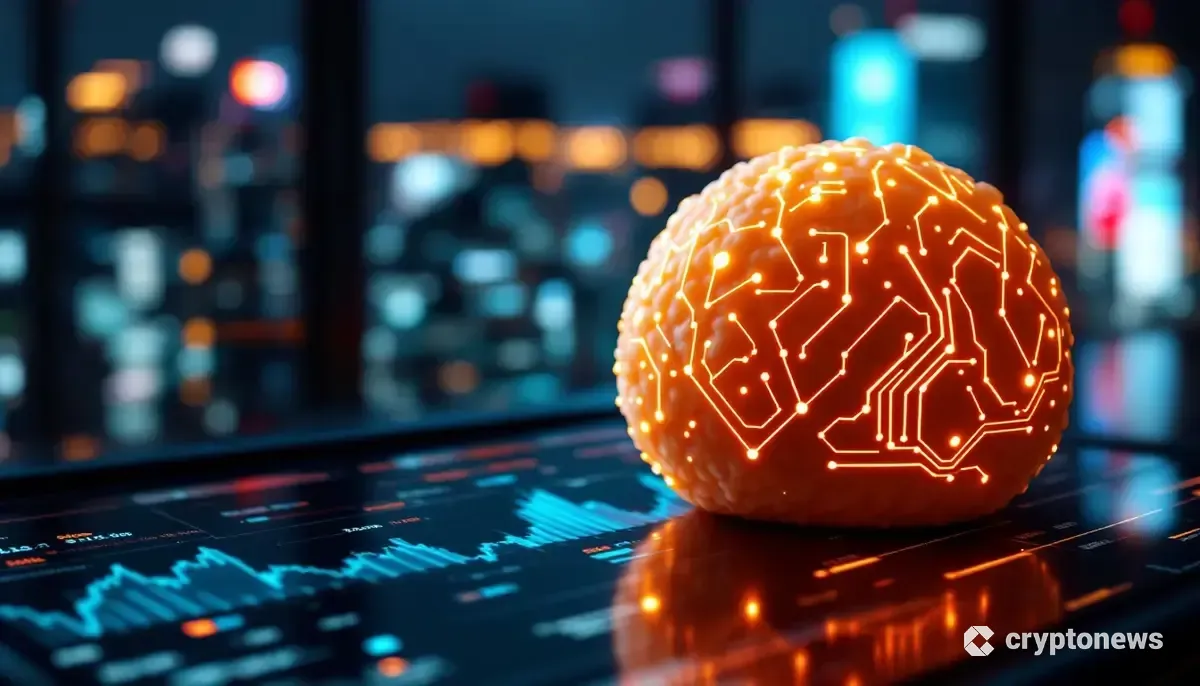 未来的な金融ダッシュボードの上に置かれた、デジタル回路が光るおにぎりのCG画像