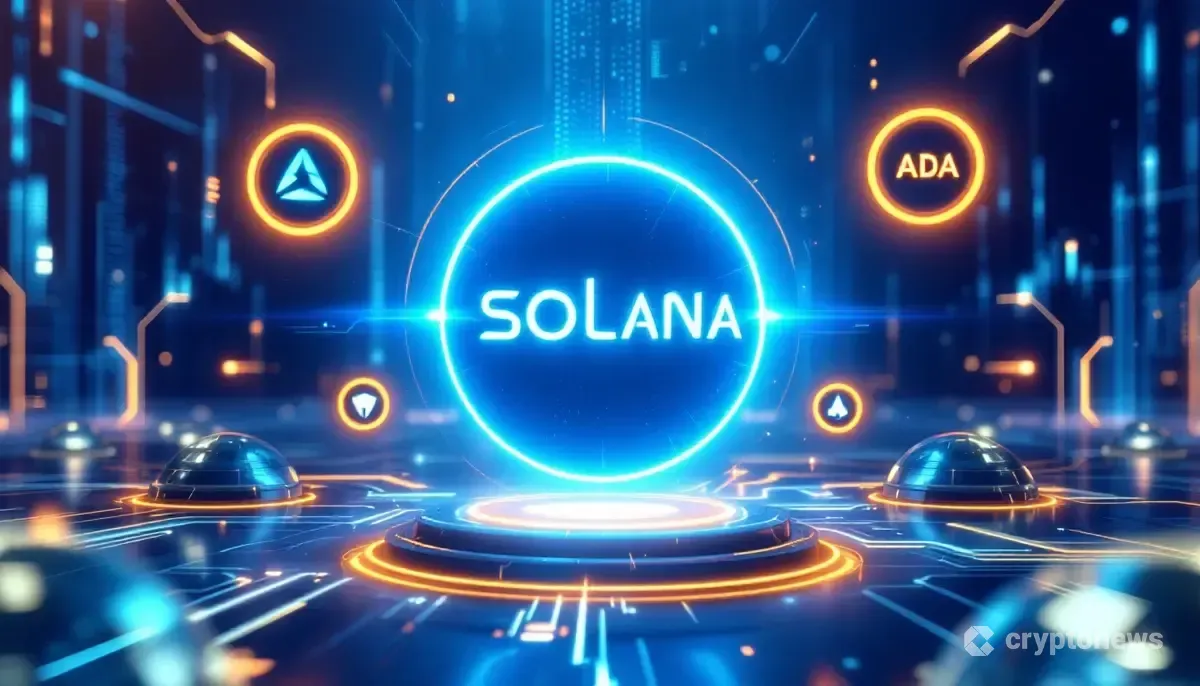 ソラナのロゴが中央で輝き、周りを他のアルトコインのロゴが囲む未来的なアイキャッチ画像