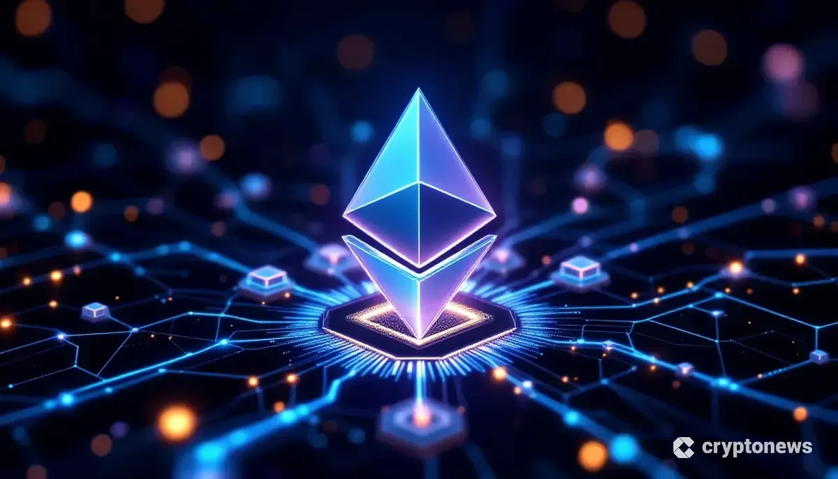 イーサリアムのロゴと、それを取り巻くレイヤー2ソリューションを示すネットワークの抽象的なイメージ。