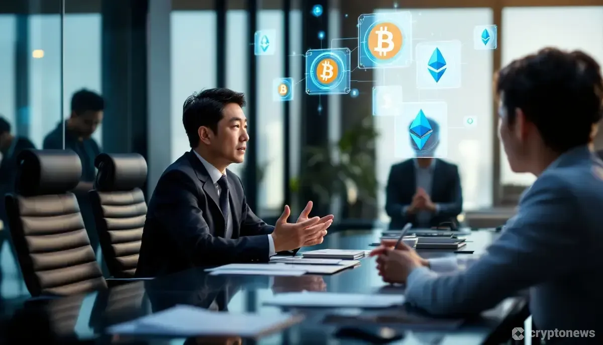 仮想通貨のロゴが浮かぶホログラムを見ながら、会議室で議論するビジネスパーソンたち