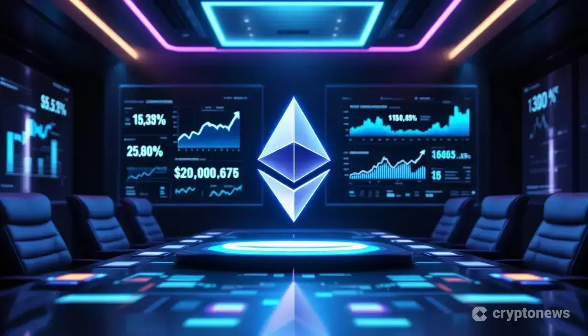 企業の財務資産として導入されるイーサリアムを象徴する未来的な画像