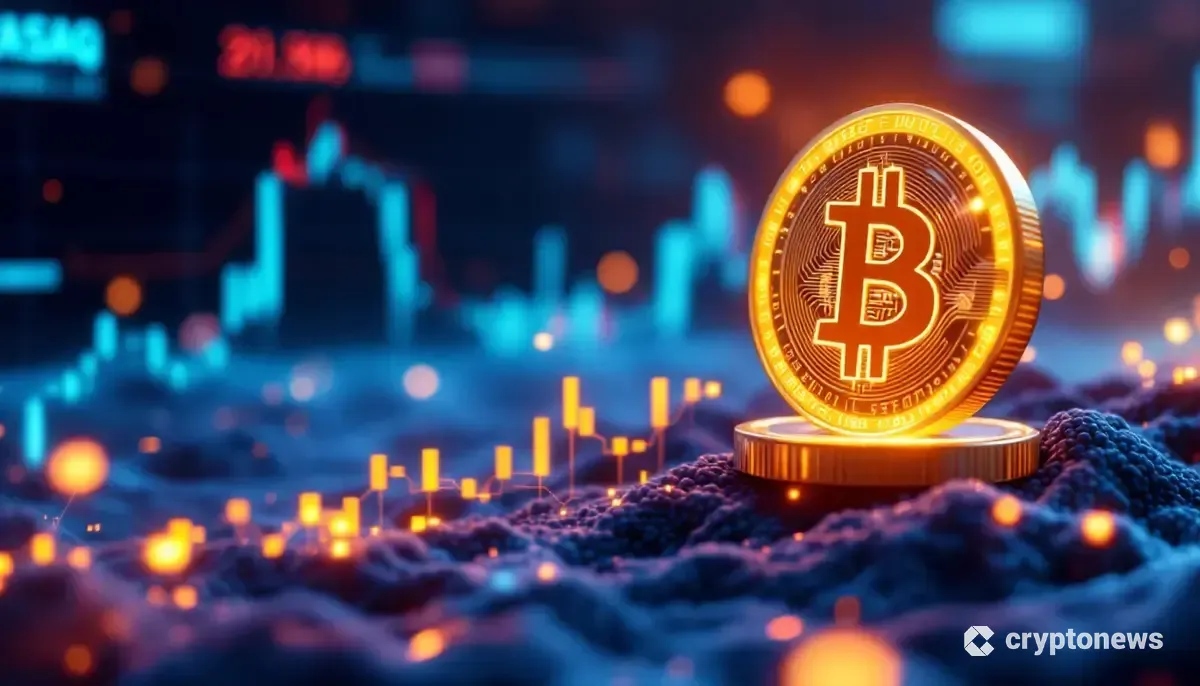 ビットコインやイーサリアムのコインと、背景に表示される株価チャートやAIのイメージ。