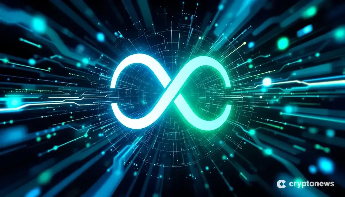 CircleとHyperliquidのロゴが融合し、ブロックチェーンネットワークに囲まれている未来的な画像