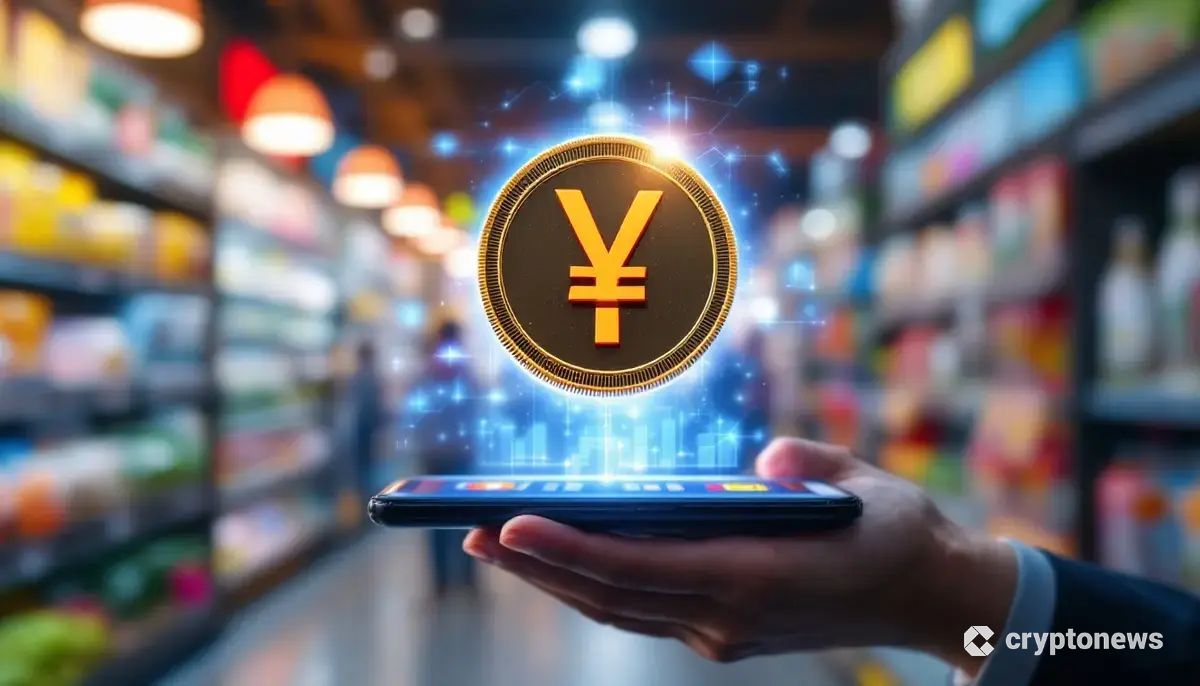 スマートフォンに表示された決済アプリと、日本の硬貨のホログラム。背景にはコンビニの店内が広がり、デジタル通貨と日常の買い物の融合を象徴している。