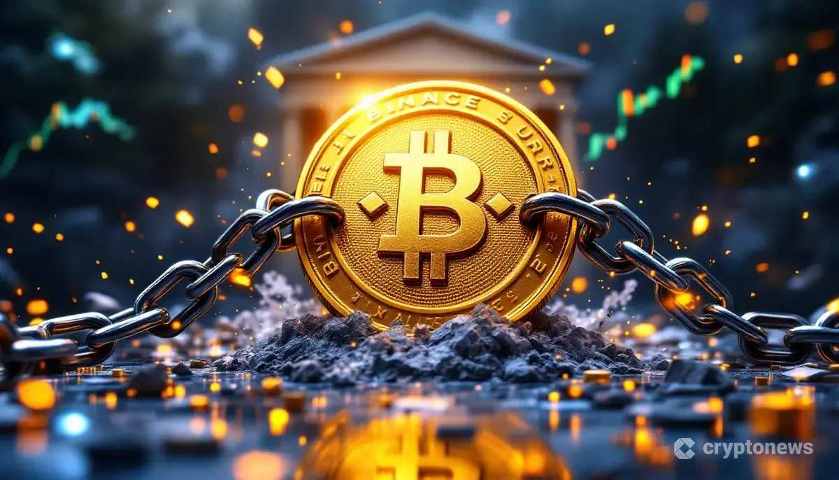 規制の鎖を断ち切り上昇するバイナンスコイン（BNB）と裁判所のイラスト