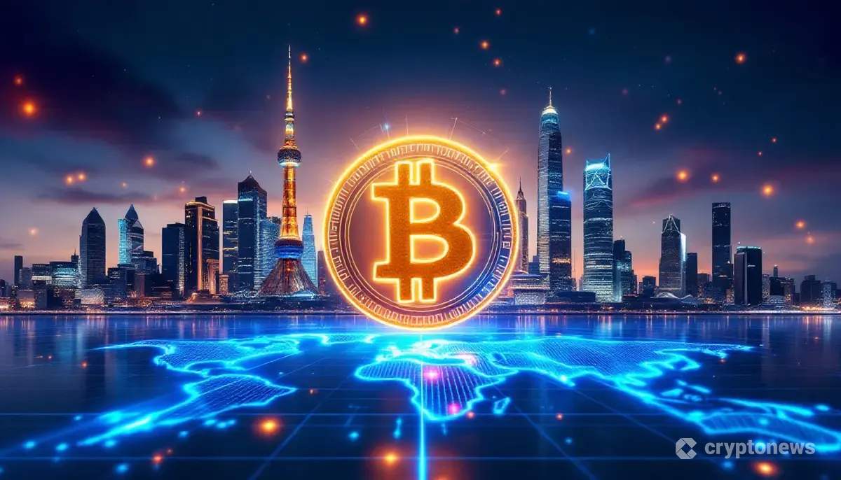 ビットコインのロゴが輝く未来的な東京の都市景観と、日米を結ぶデータストリーム