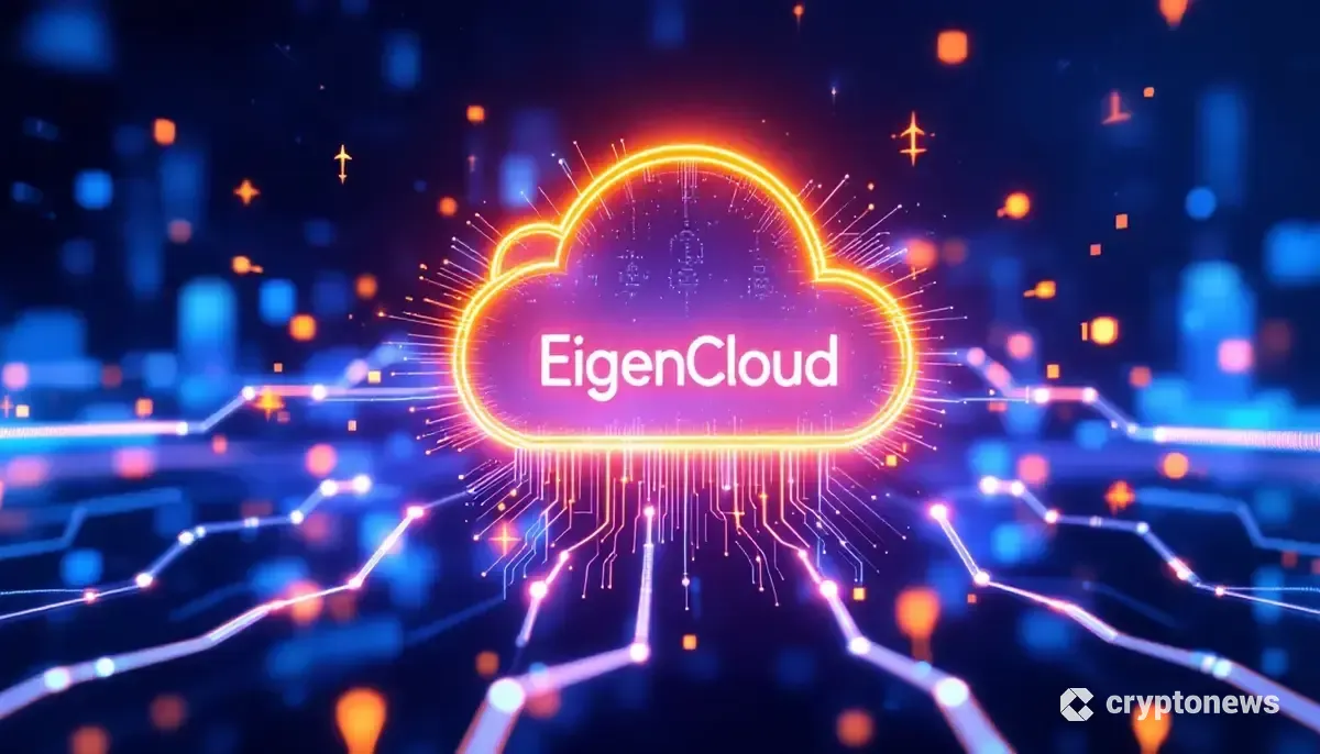 Google CloudとEigenCloudのロゴがデータで結ばれ、AIとブロックチェーンの融合を象徴する未来的な画像