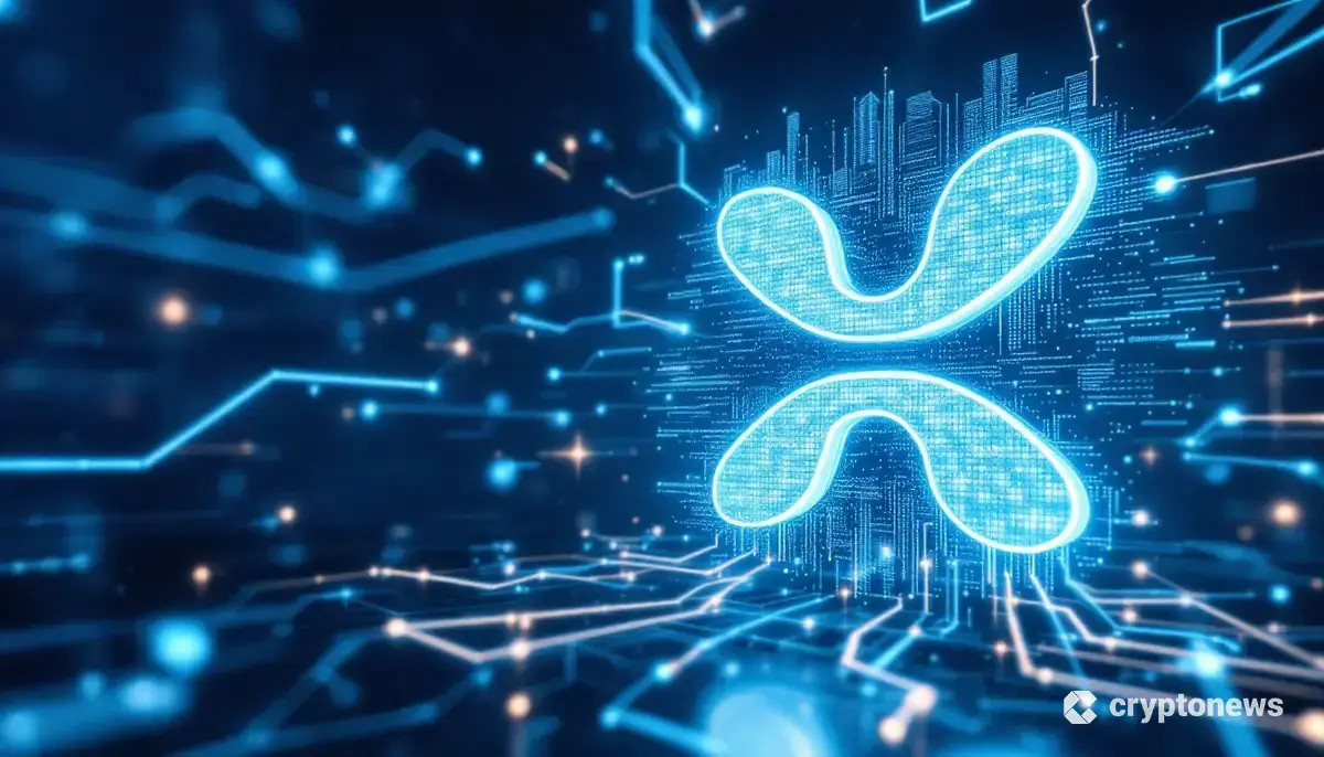 仮想通貨リップル(XRP)のロゴと銀行がデジタルで繋がるイメージ。