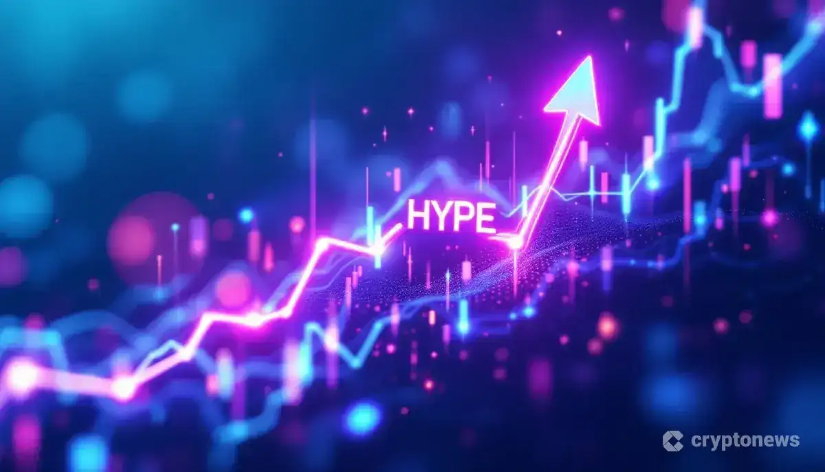 HyperliquidのHYPEトークンのロゴが描かれた、上昇するグラフとデータを表示する未来的なインターフェース