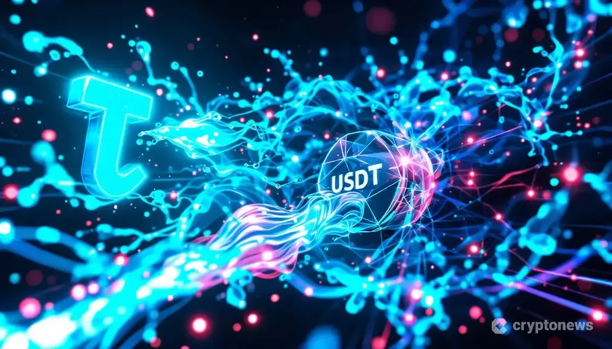 テザーのロゴから新しいPlasmaブロックチェーンネットワークへ、光の奔流が注ぎ込まれる未来的なイメージ