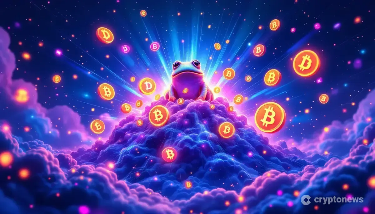 様々なアルトコインのシンボルが未来的なデジタルの背景の中で力強く上昇していく様子