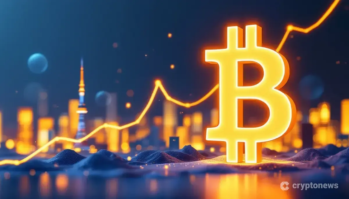 ビットコインのロゴと日本の都市の背景が融合した未来的なイメージ