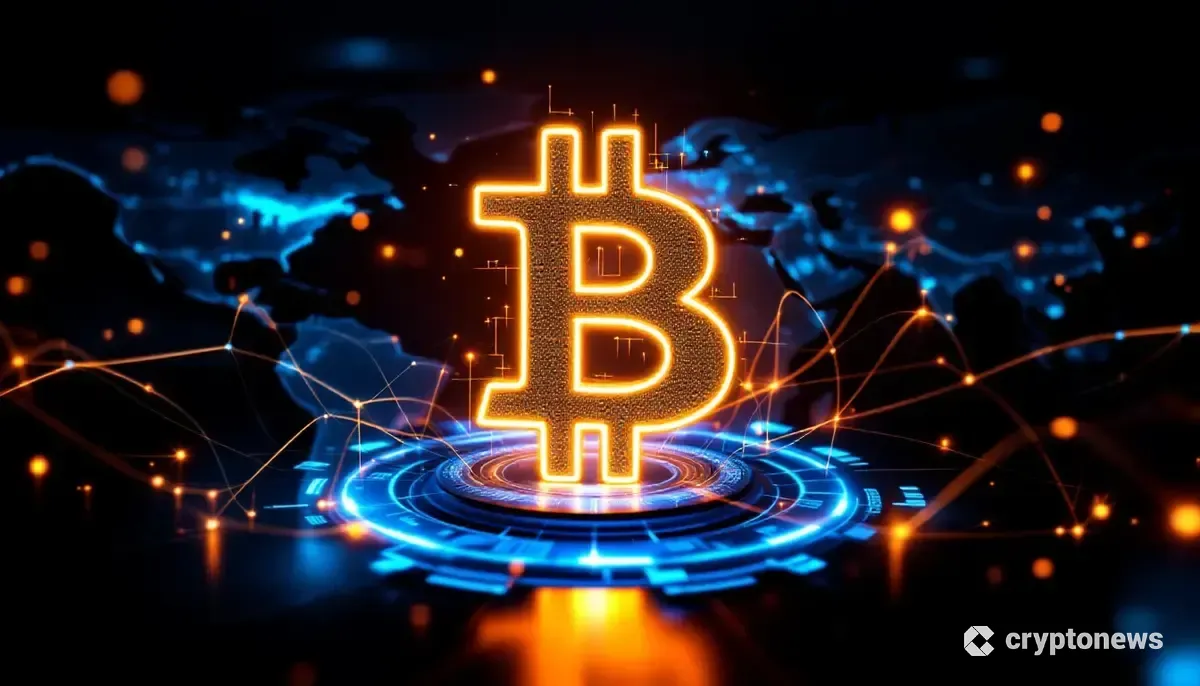 ビットコインのロゴと、東京とマイアミを結ぶネットワークが描かれた未来的な世界地図