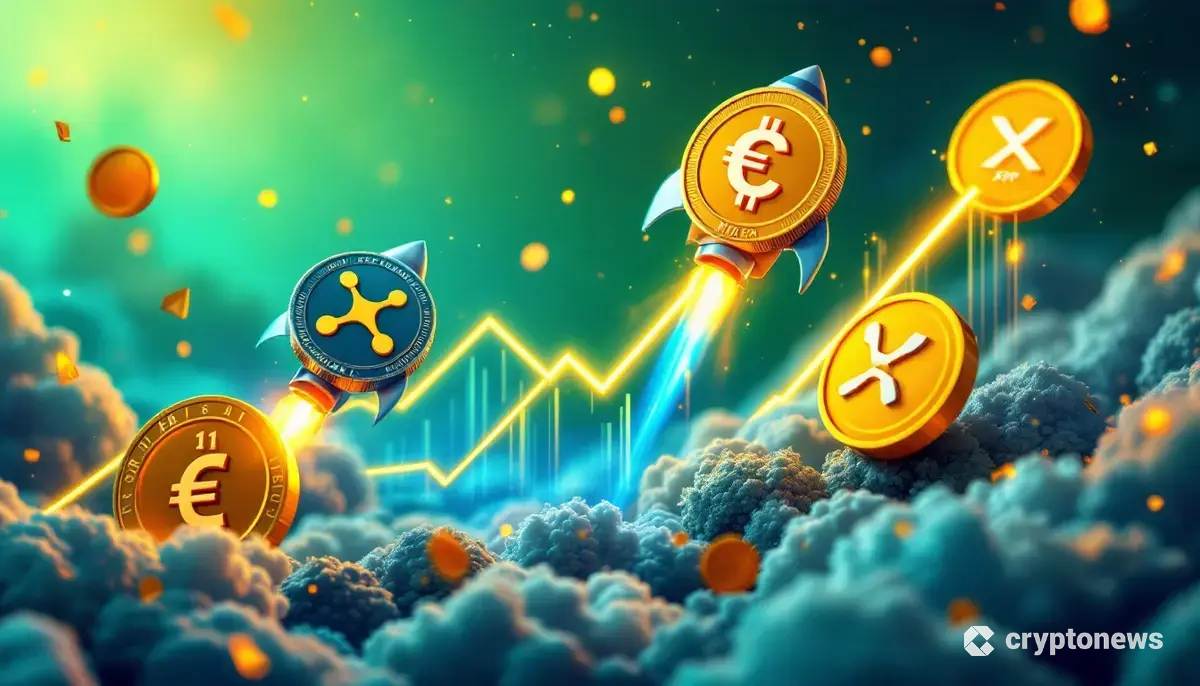 1ユーロ以下の仮想通貨コインがロケットのように力強く上昇していく未来的なイメージ