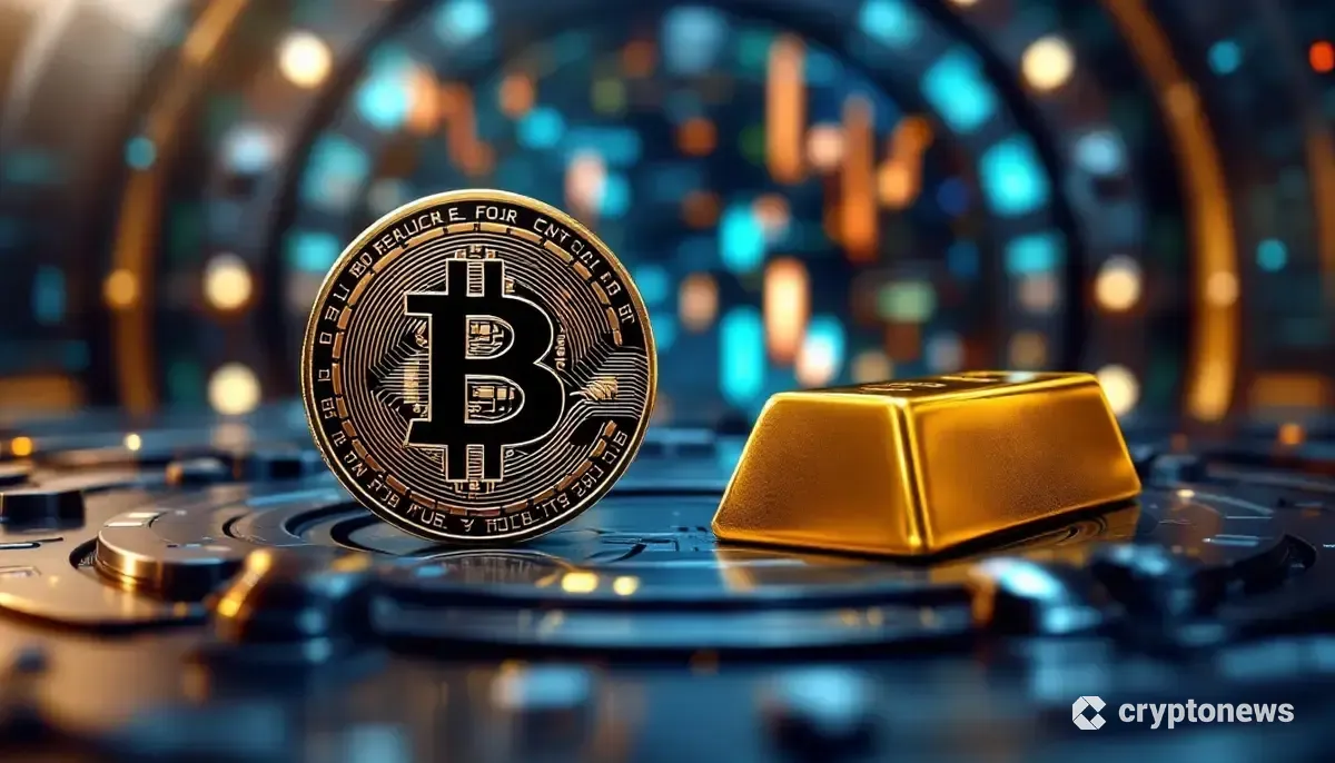 未来的な銀行の金庫室に並ぶビットコインのロゴと金の延べ棒