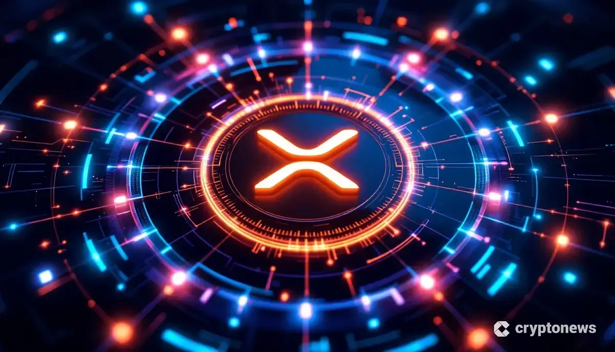 利回りを生み出すリップル（XRP）のロゴを中央に配置した未来的な金融テクノロジーのイメージ