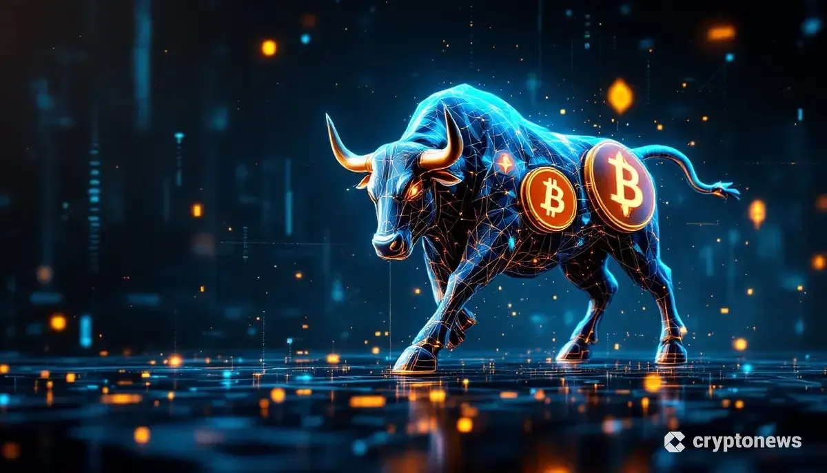 伝統的な株式市場と仮想通貨が融合する様子を示す未来的なグラフィック