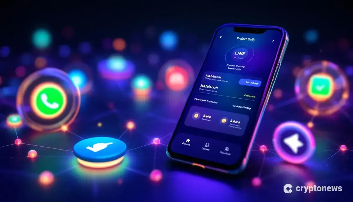 LINEとKaiaのロゴが浮かぶ背景に、ステーブルコインスーパーアプリ「Project Unify」のインターフェースが表示されたスマートフォンのイラスト。