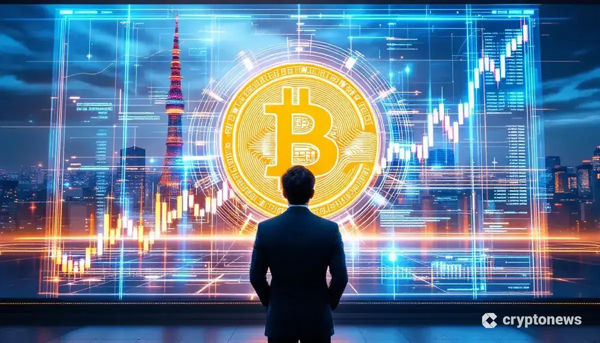 未来的な東京を背景に、ビットコインのシンボルが浮かぶホログラムディスプレイを眺める企業の役員