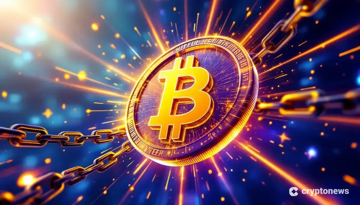 ビットコインの鎖を打ち破り、輝くBitcoin Hyperのロゴ。