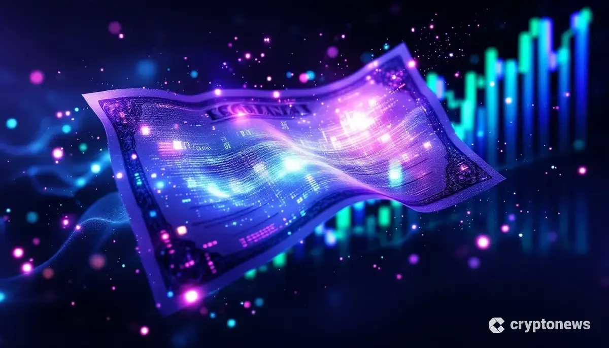 ソラナブロックチェーン上でトークン化される株式を象徴する未来的なデジタル画像