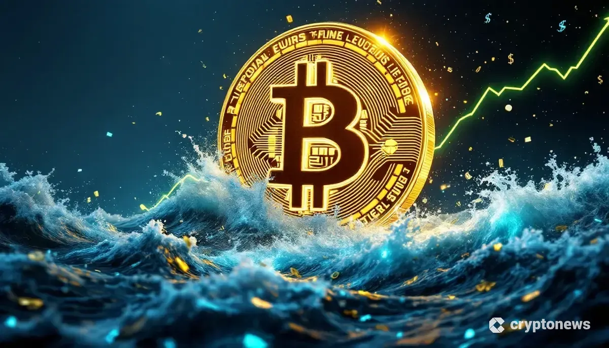 ビットコインのロゴが法定通貨の荒波に立ち向かう未来的なイメージ