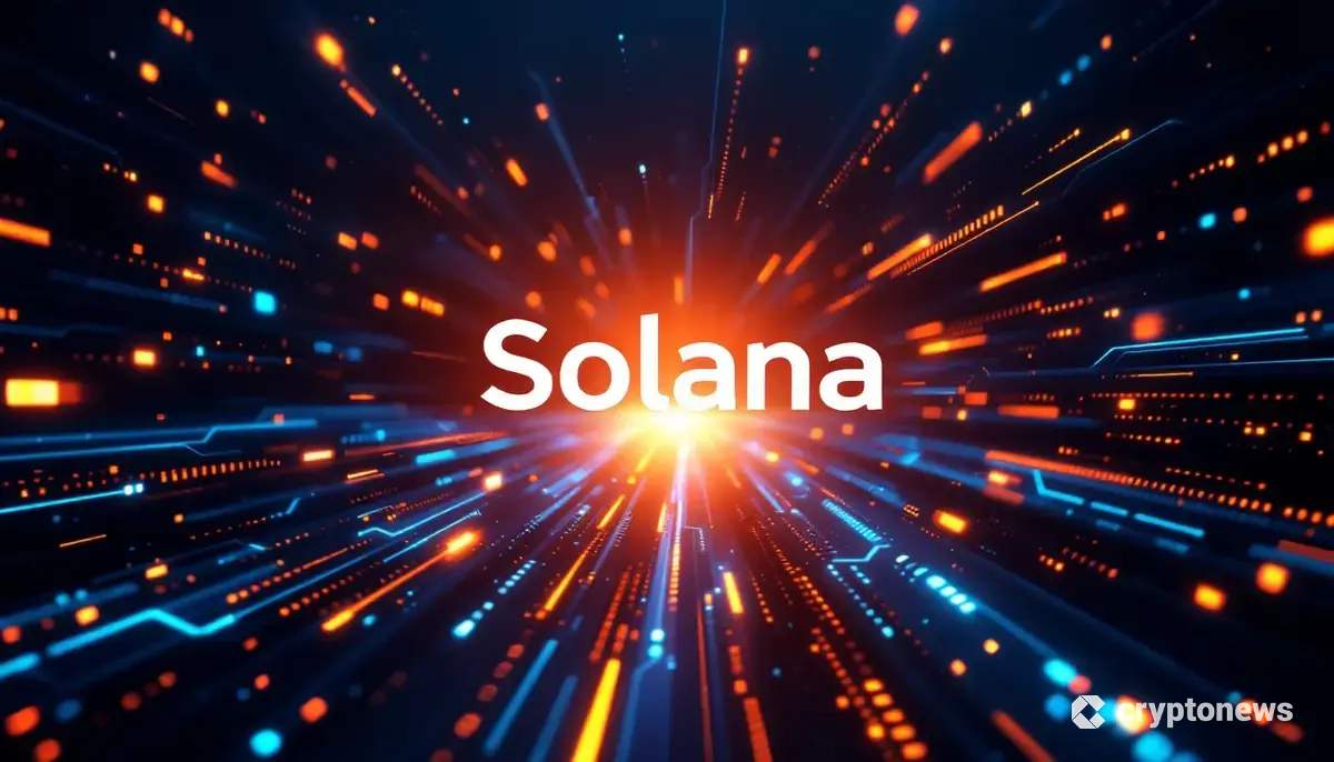 未来的なデータハイウェイを高速で流れるデータブロックと、中央に輝くソラナのロゴ