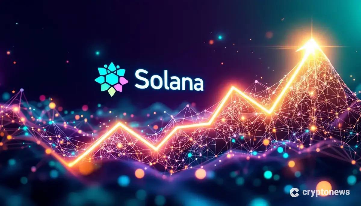 ソラナのロゴが上昇するチャートとネットワークの上を飛んでいる未来的なイメージ。