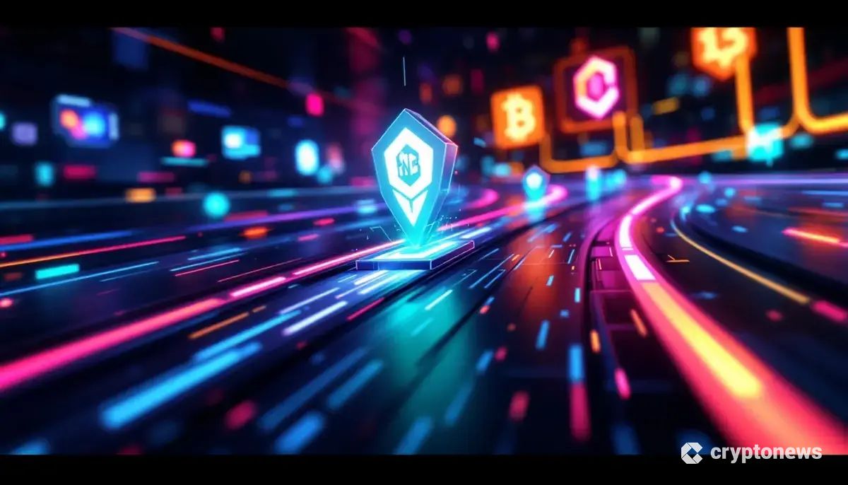 BNBチェーンのロゴが他の仮想通貨を追い抜く未来的なレーストラックのイメージ