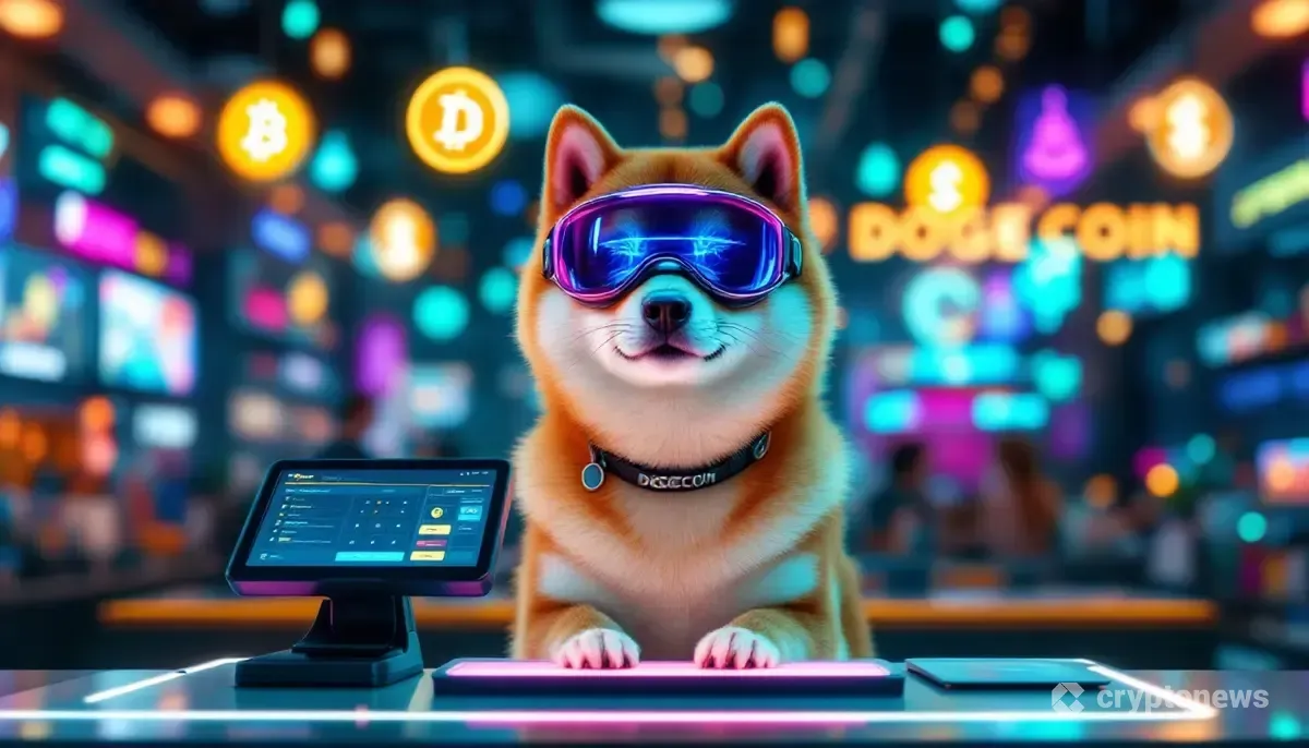 ドージコインのロゴが表示された決済端末の前に立つ、未来的なバイザーをつけた柴犬