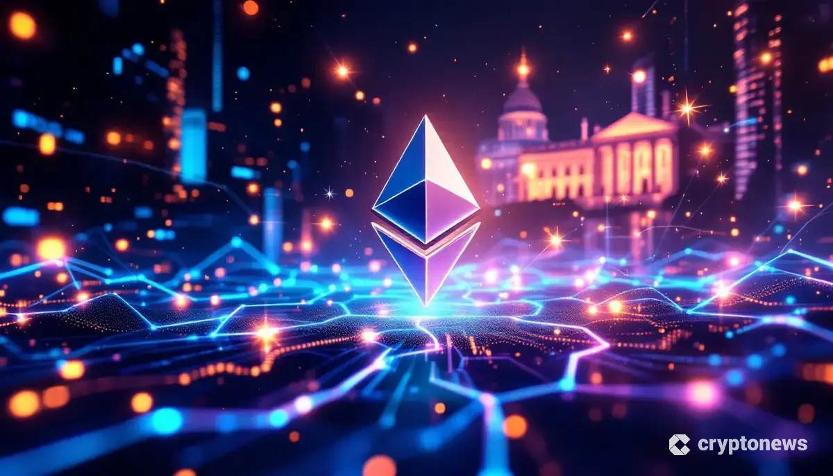輝くイーサリアムのロゴを中心に、ウォール街とホワイトハウスを象徴する抽象的な背景が広がる未来的なネットワークのイメージ