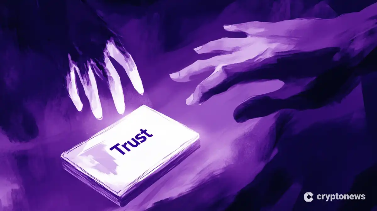 紫色と白色を主体としたTrust Walletのイメージで、「Trust」がはっきりと見えますが、影の中から幽霊のような悪意のある手が伸びています。