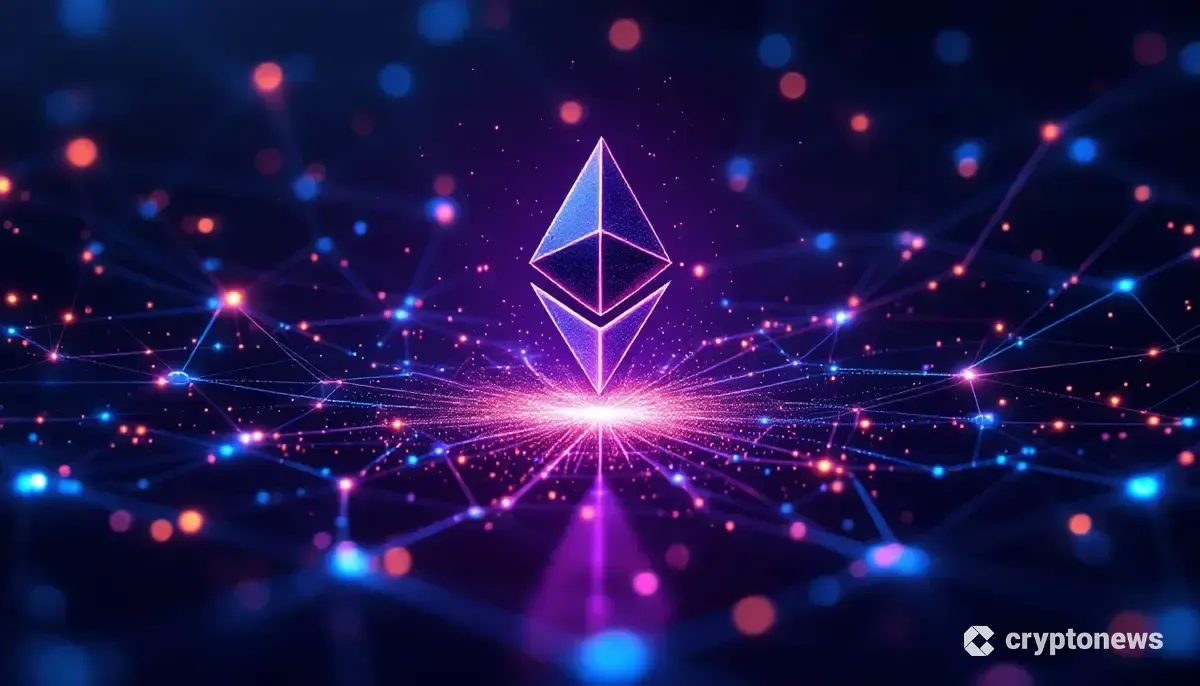 イーサリアムのロゴから広がる光のネットワークとデータ断片。PeerDASの概念を視覚化した未来的な画像