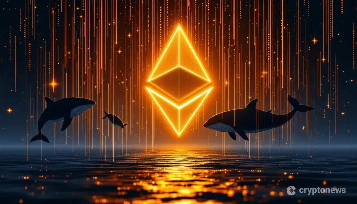 イーサリアムのロゴと、取引所へのデータ送金を示す未来的なイメージ