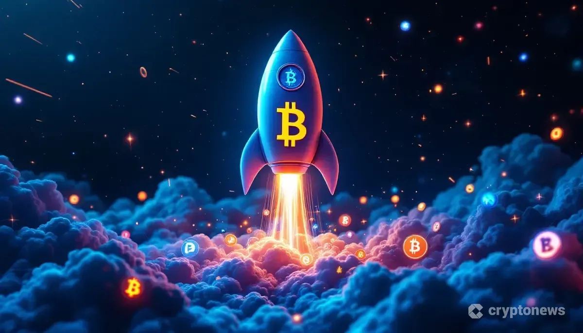 ビットコインと複数のアルトコインのロゴが宇宙空間を上昇していく未来的なイメージ