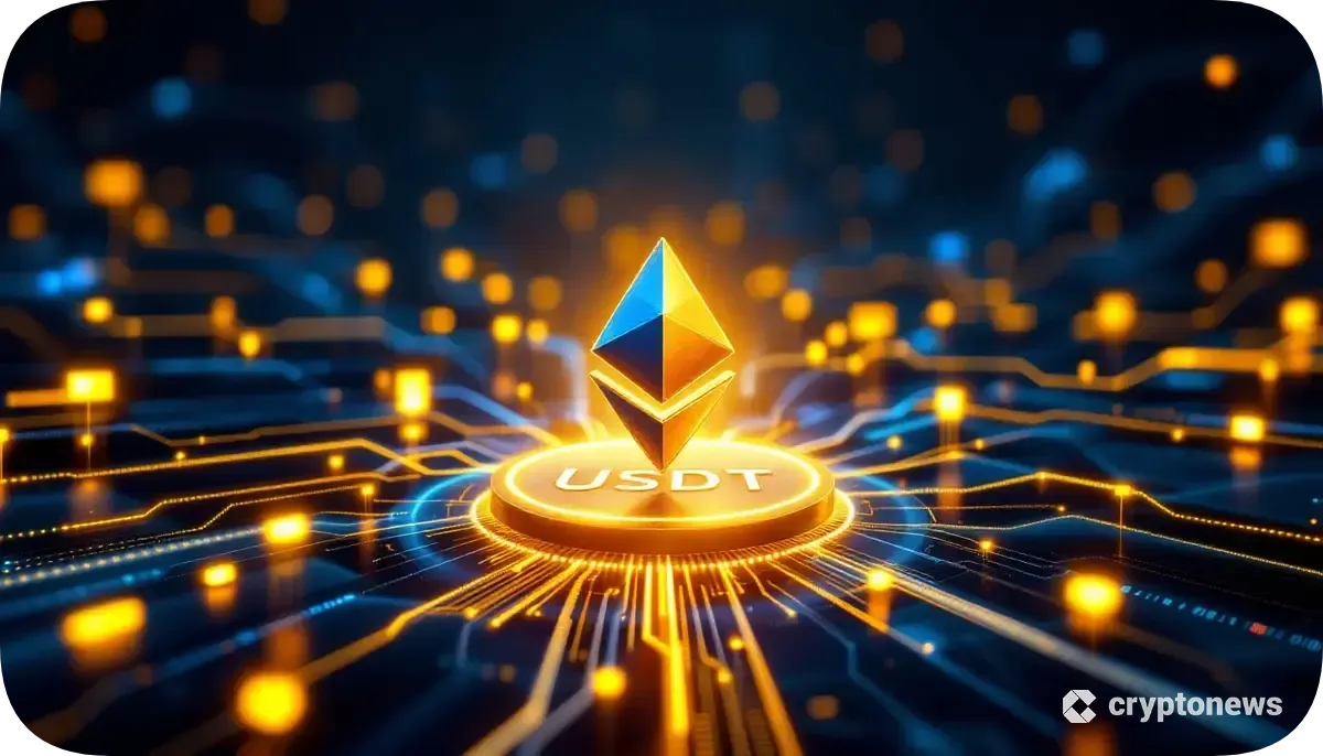 テザーのロゴを中心に、ソフトバンクとアーク・インベストメントから資本が流れ込む未来的な金融ネットワークのイメージ。