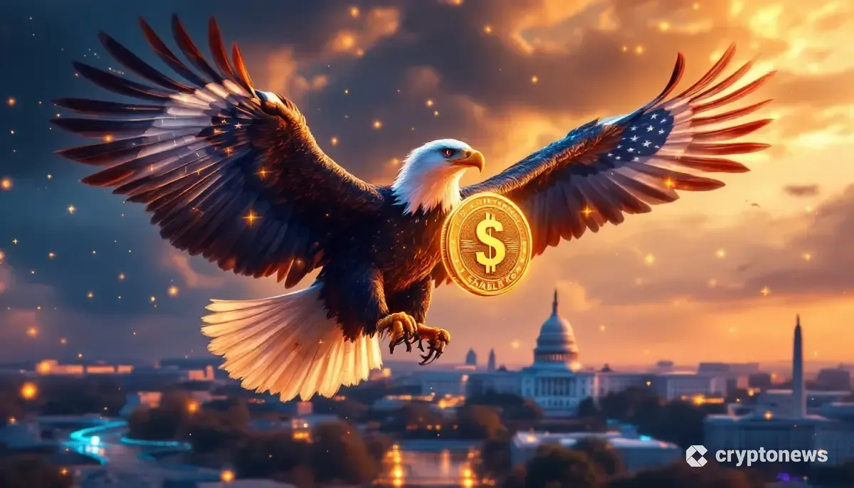 デジタル化された米ドル(ステーブルコイン)とワシントンD.C.を背景にしたアメリカの象徴