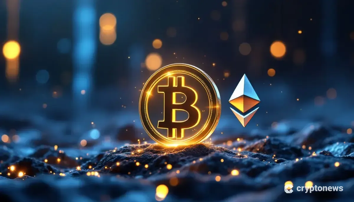 金色に輝くビットコインと、その背後でデータストリームに囲まれる銀色のイーサリアムのシンボルが描かれた未来的な画像