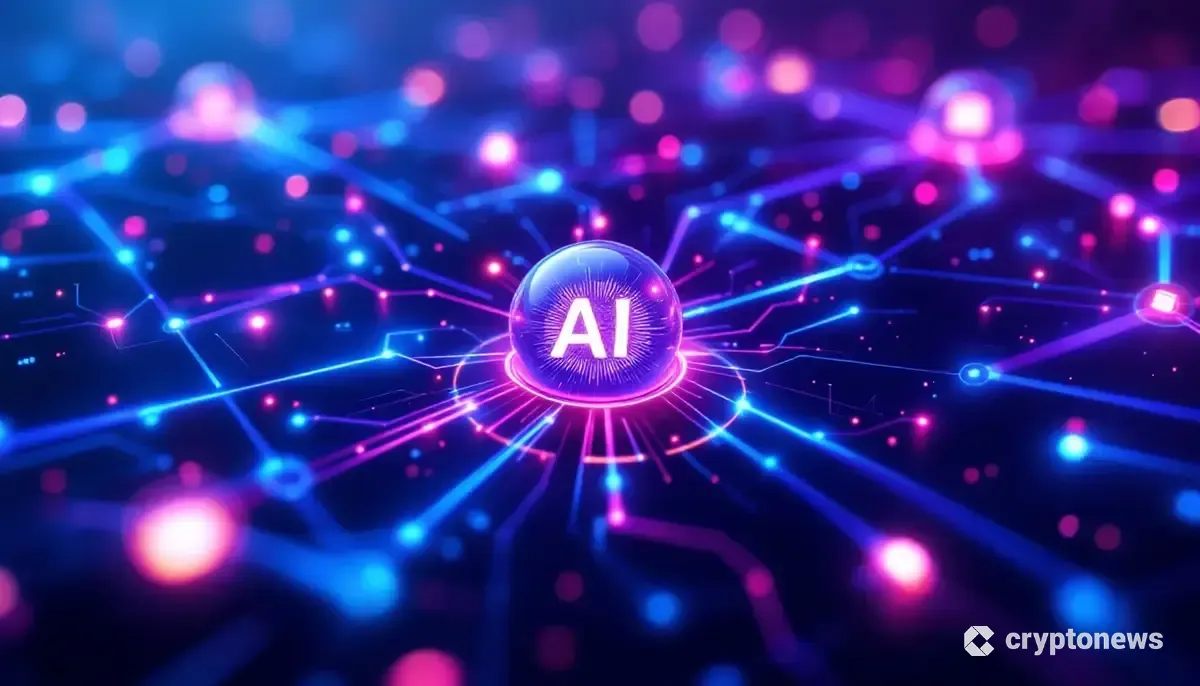 AIとブロックチェーンの融合を象徴する未来的なネットワークの画像