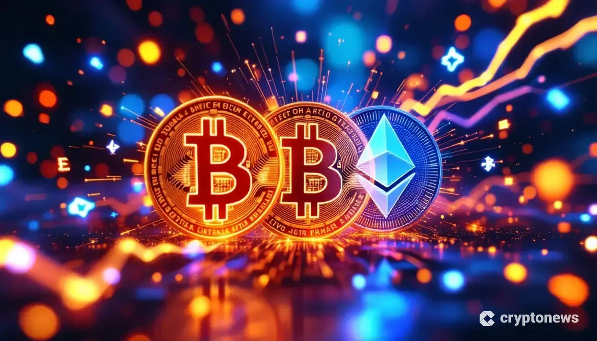 ビットコインとイーサリアムのロゴが輝き、周囲をアルトコインのシンボルが囲む未来的なブロックチェーンネットワークのイメージ