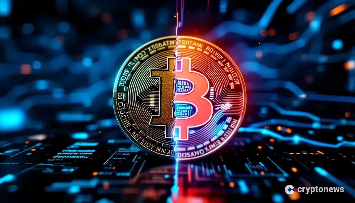 割れたパイネットワークのコインと、輝くビットコインとソラナのロゴが融合したシンボルが対比的に描かれている。