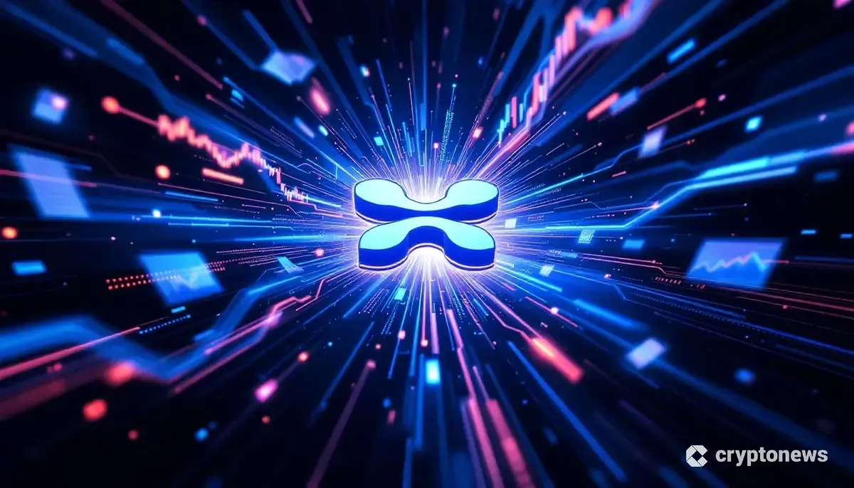 リップル（XRP）のロゴを中心に、機関投資家の資金流入を象徴するデータが流れる未来的なイメージ