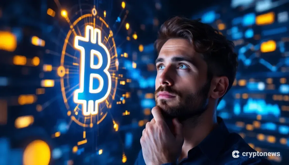 未来的な背景の中で、輝くビットコインのロゴを見つめる男性