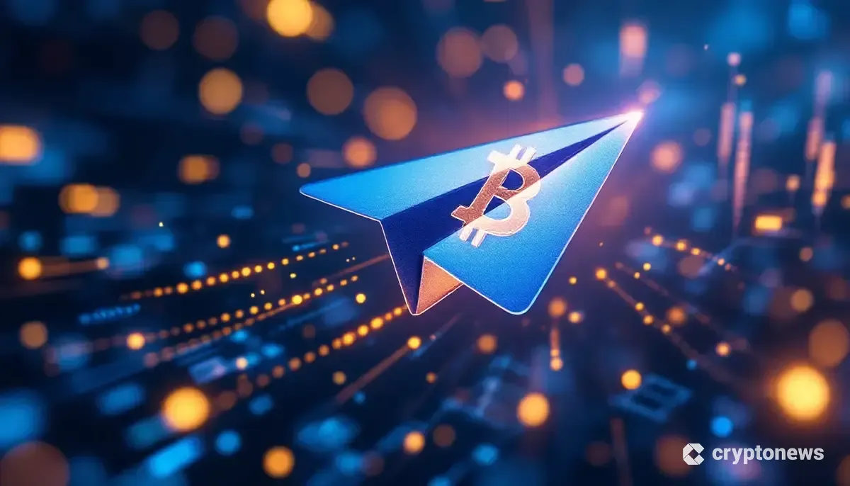 テレグラムのロゴとビットコインのシンボルが融合し、未来的な空間を飛ぶイメージ