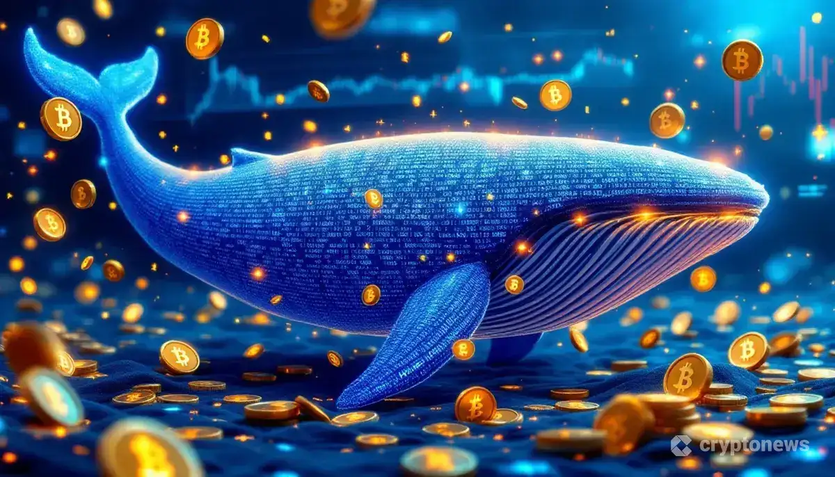 仮想通貨HYPEのコインの海を泳ぐ、デジタルコードでできた巨大なクジラのイメージ